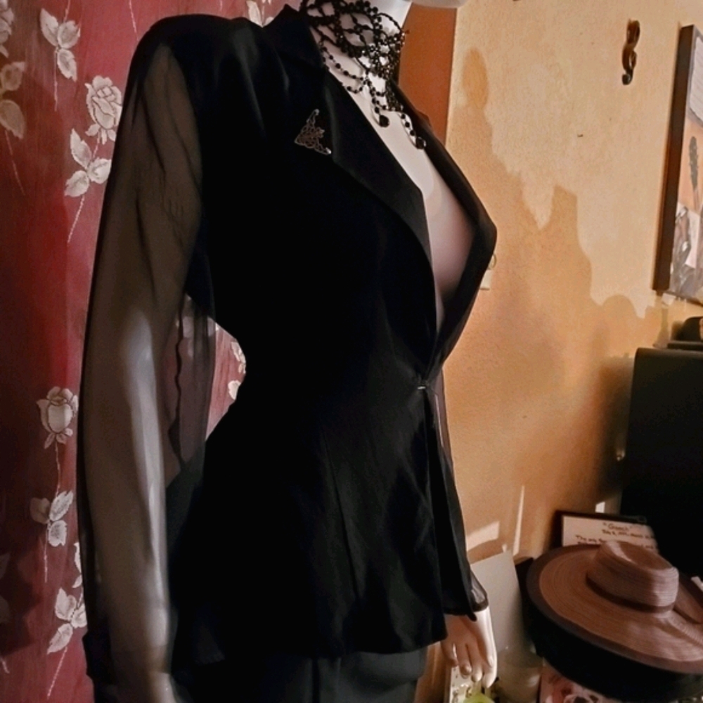 🖤Very Cool Vintage Black Top w Sheer Sleeves🖤 - Picture 2 of 7